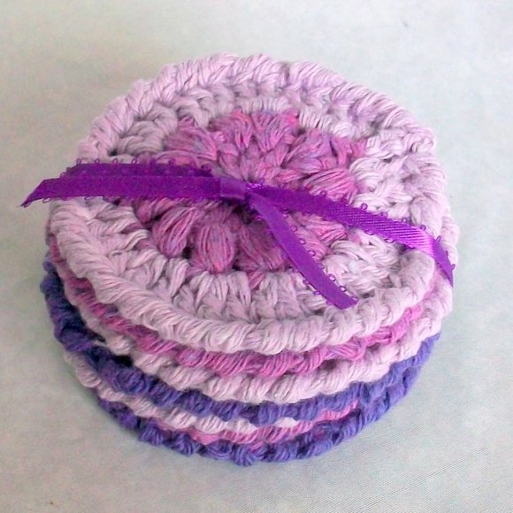 Handmade Crochet Purple Reusable Cotton Face Scrubbies Set of 7 - Picture 1 of 3